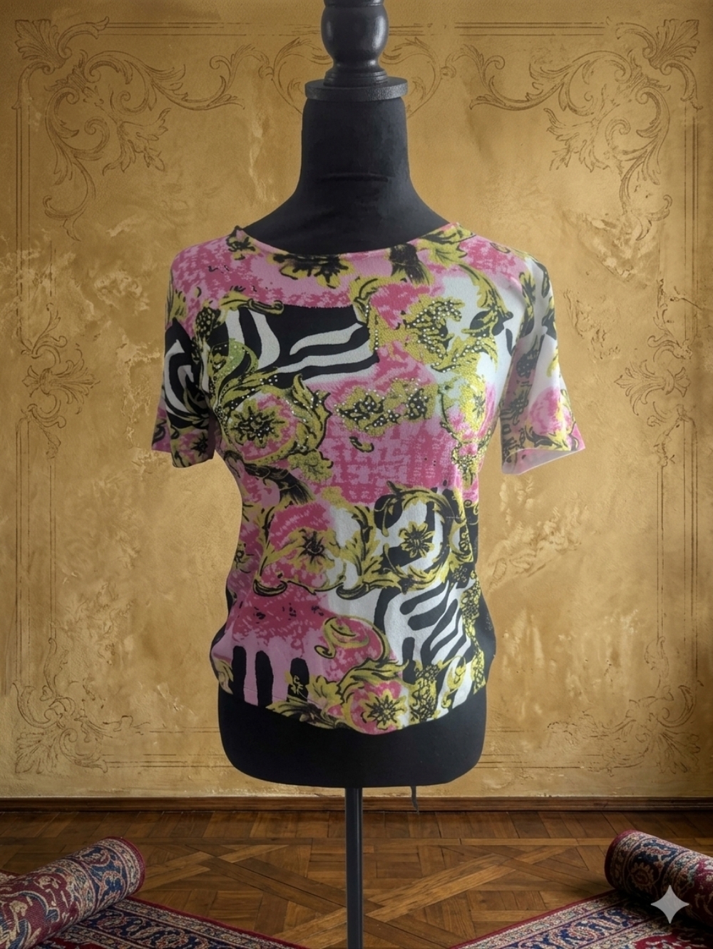 Pierri New York Pink, Black & Yellow Mixed Print Short Sleeve Top